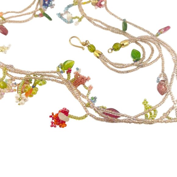 Handcrafted Multi-Color Beaded Floral Three Strand Necklace With Delicate Chain - Picture 7 of 9